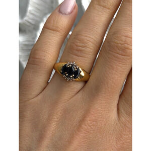 925 Sterling Silver Gold Plated Dark Blue Sapphire & Diamond Ring Size 7.5
